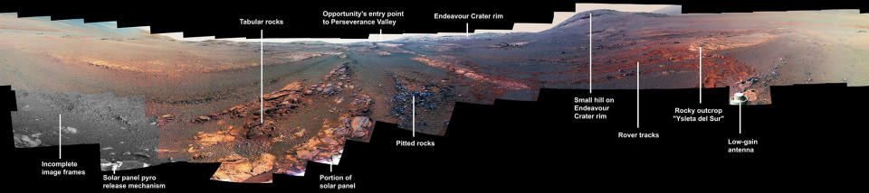 This annotated image is a cropped version of the last 360-degree panorama taken by the Opportunity rover's Pancam from May 13 through June 10, 2018. This annotated view is presented in false color to make some differences between materials easier to see. <cite>NASA/JPL-Caltech/Cornell/ASU</cite>